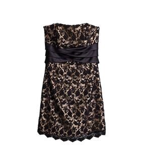Jessica McClintock Black Lace Gold Strapless Scalloped Hem Cocktail Mini Dress 2